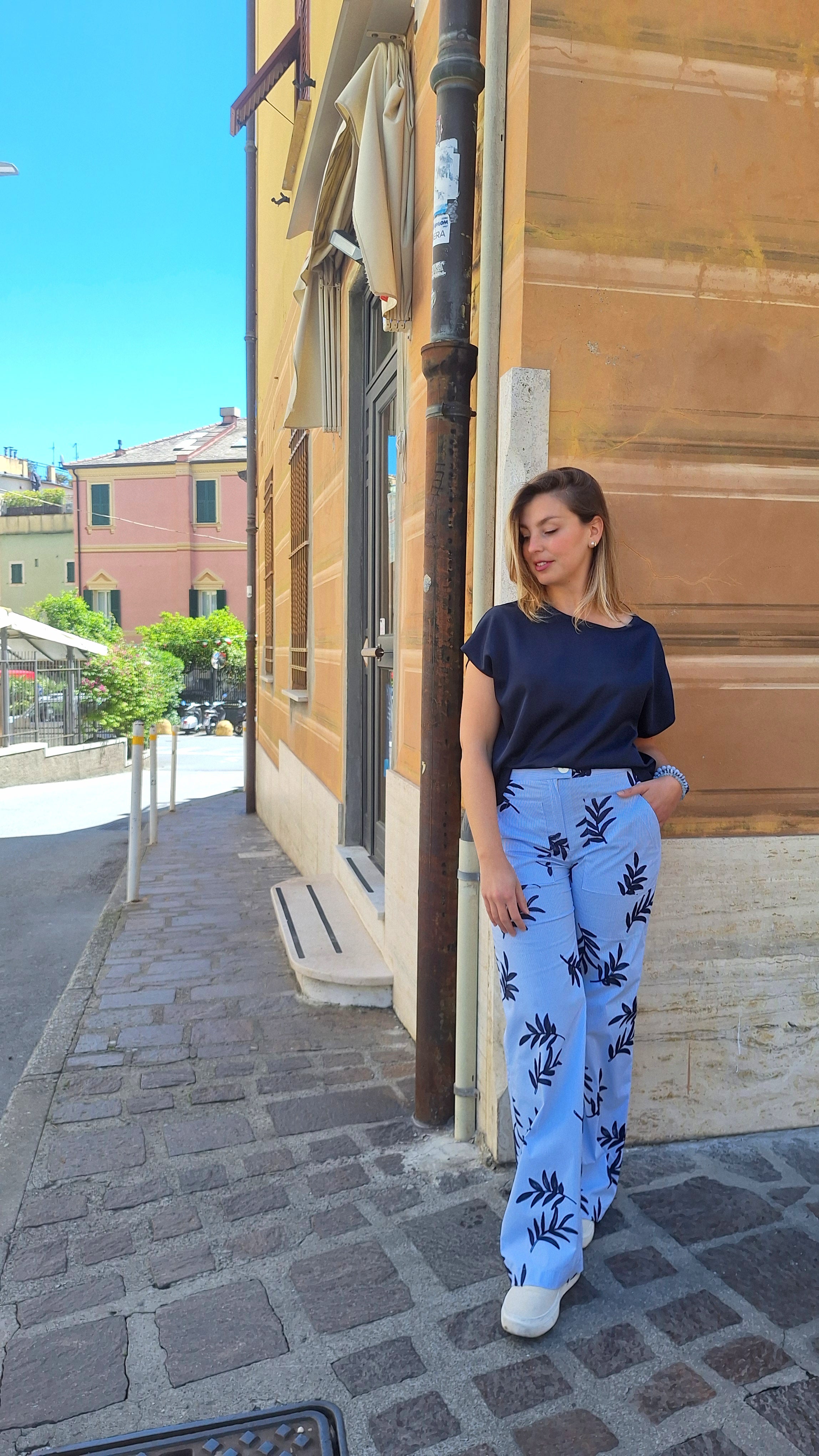 Pantalone a palazzo in cotone stretch ricamato