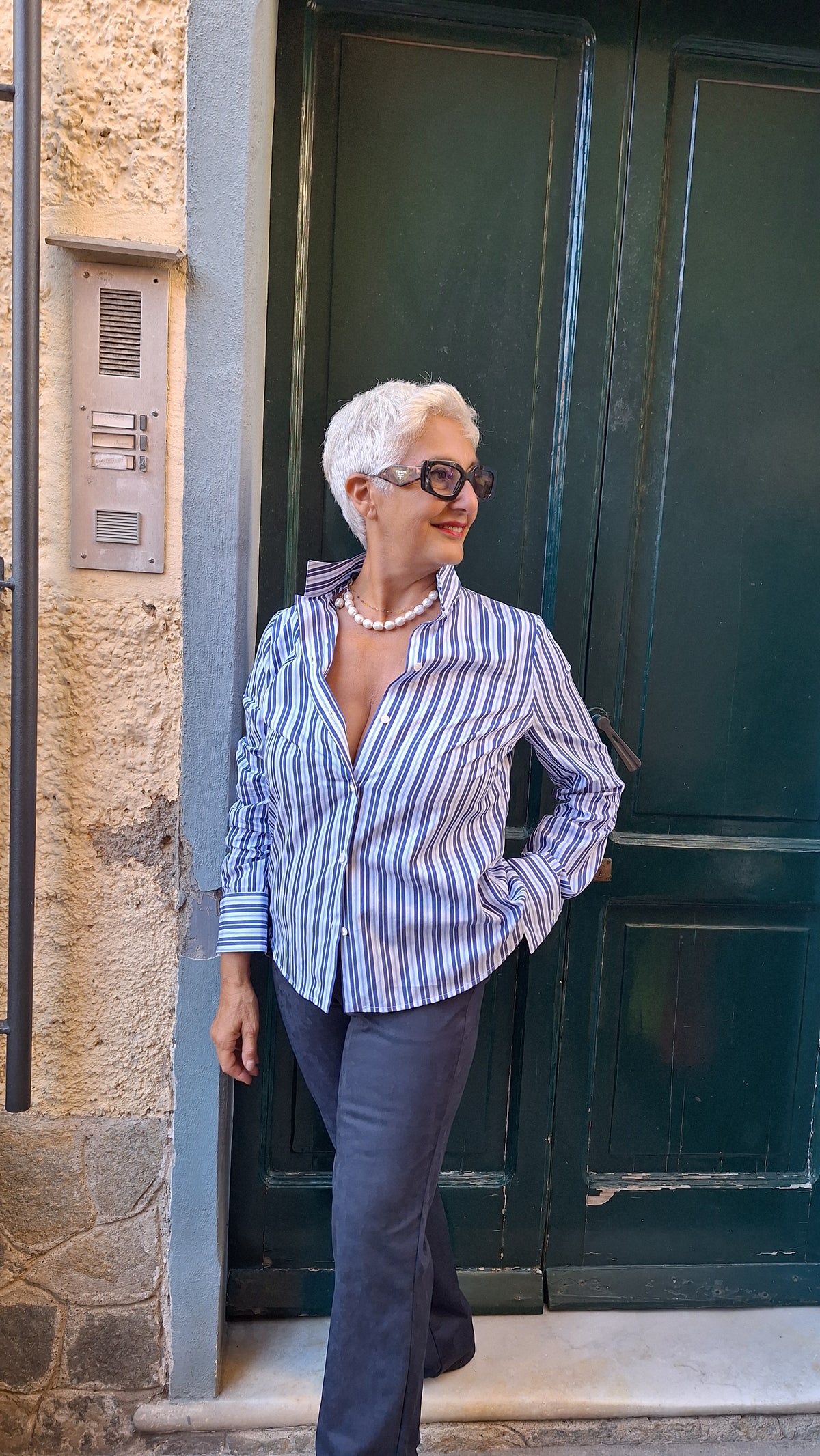 Camicia puro cotone a righe blu azzurre e bianche