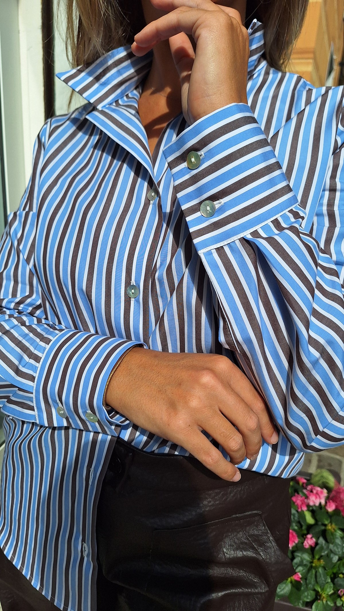 Camicia puro cotone a righe azzurre e marroni