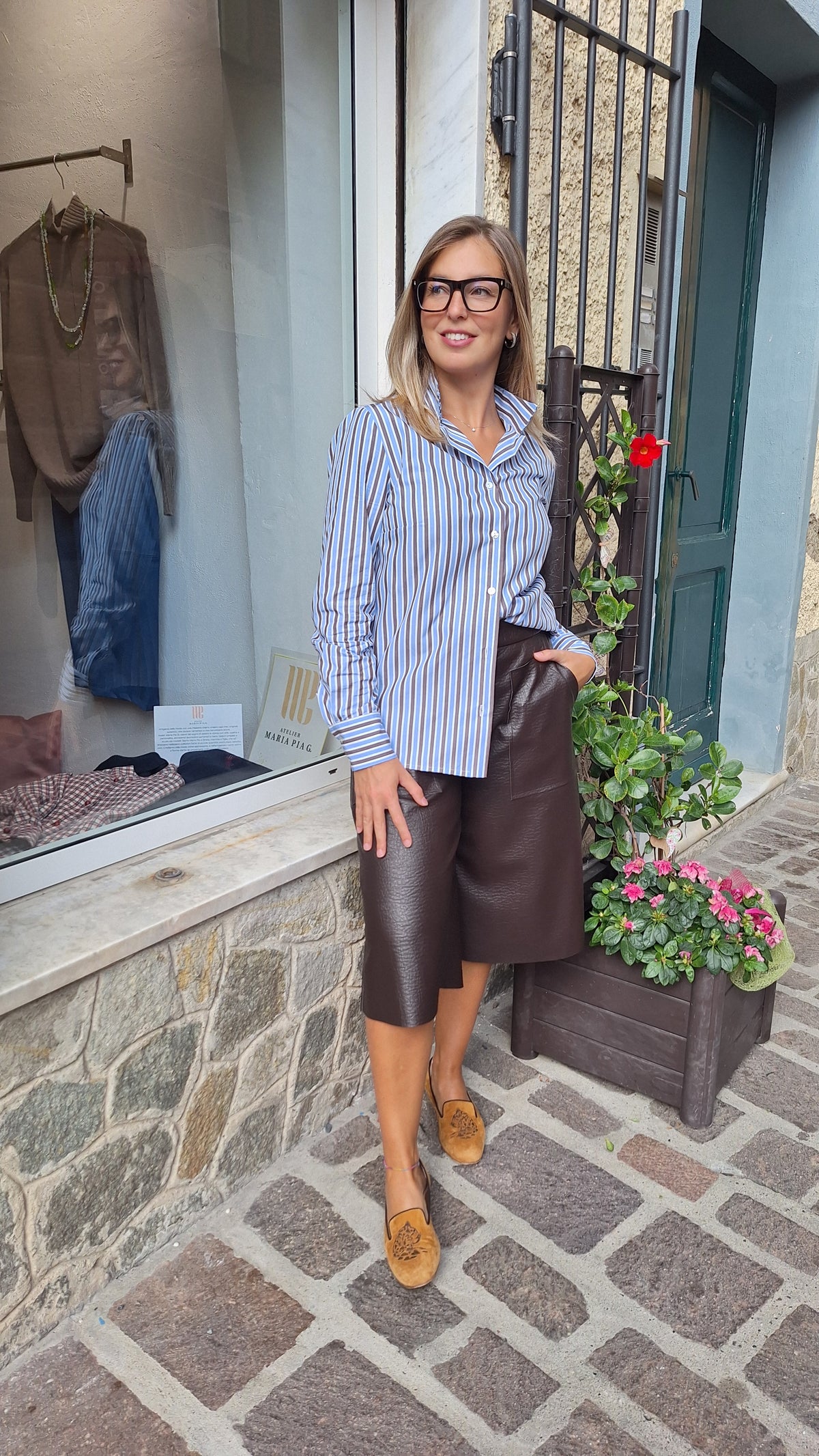 Camicia puro cotone a righe azzurre e marroni