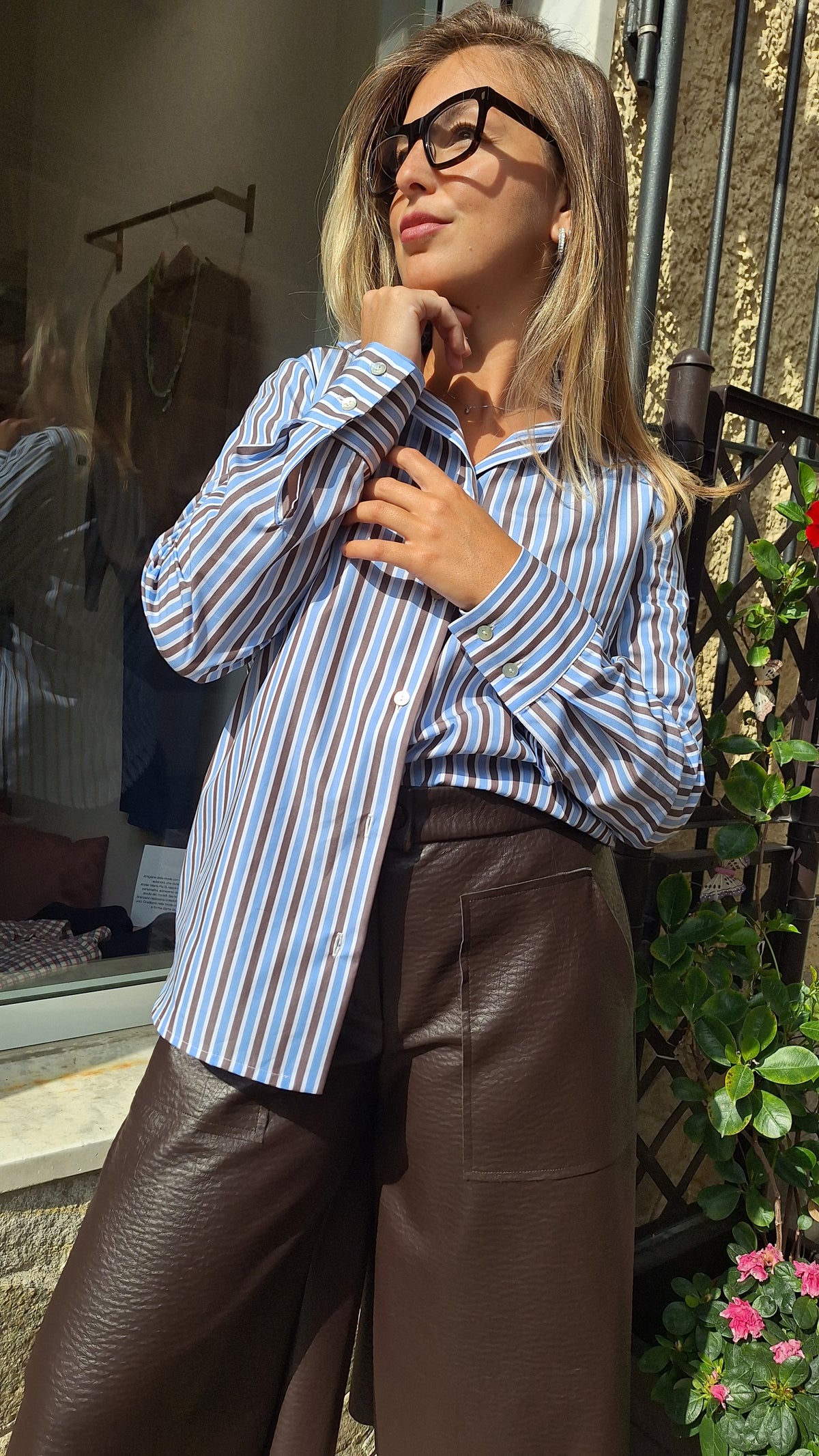 Camicia puro cotone a righe azzurre e marroni