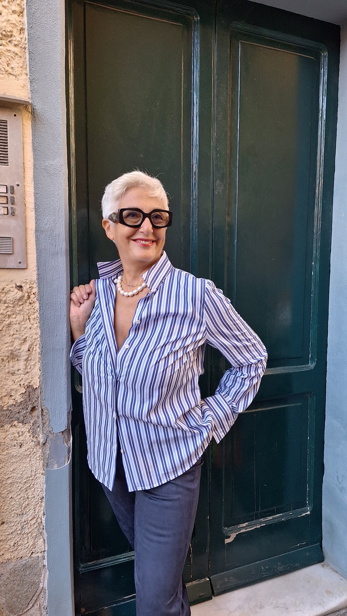 Camicia puro cotone a righe blu azzurre e bianche