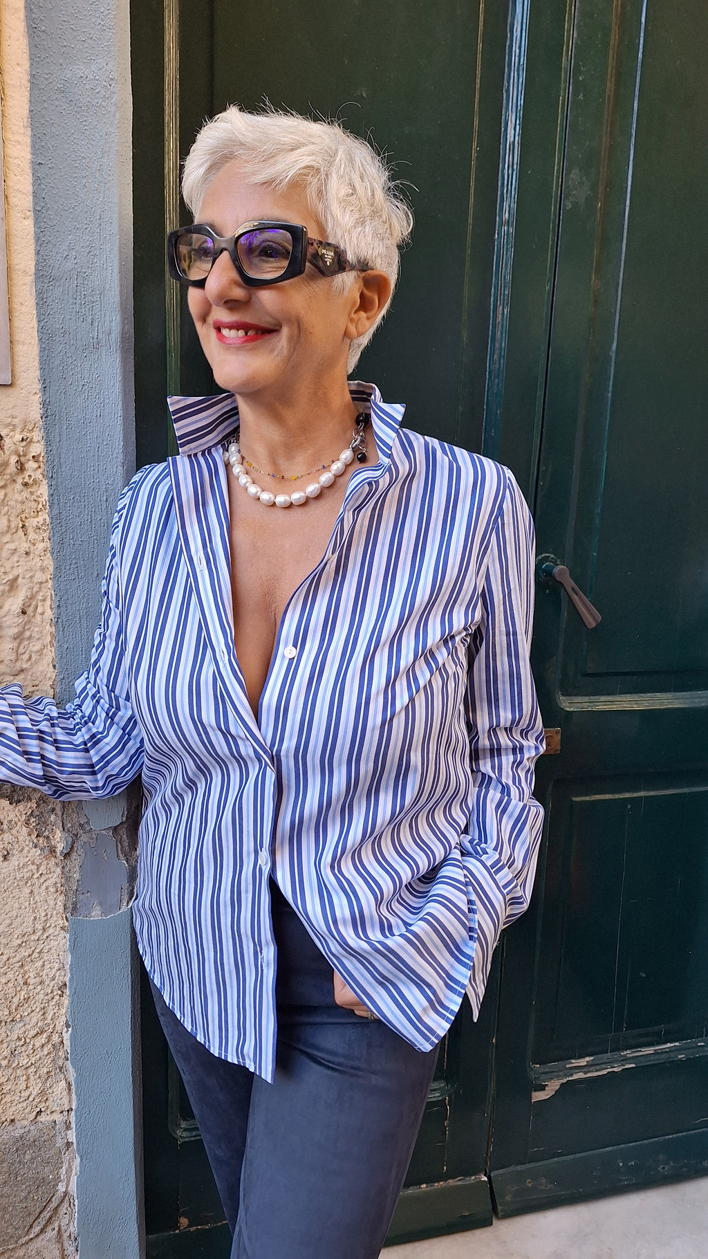 Camicia puro cotone a righe blu azzurre e bianche