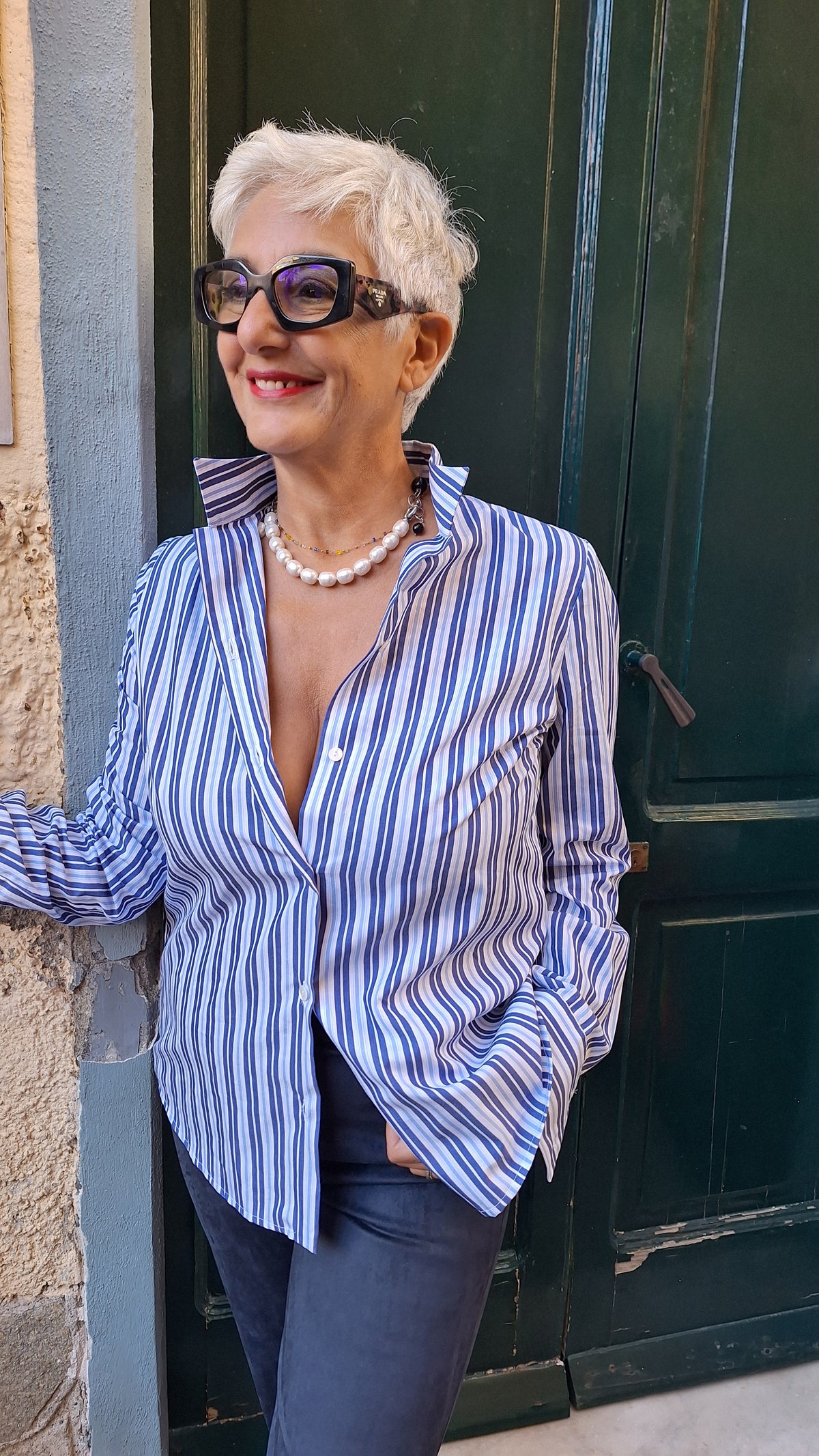 Camicia puro cotone a righe blu azzurre e bianche